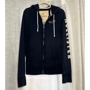 Y2K Vintage Hollister Zip Up Hoodie Sweatshirt Felted Spellout Blue Men's Medium